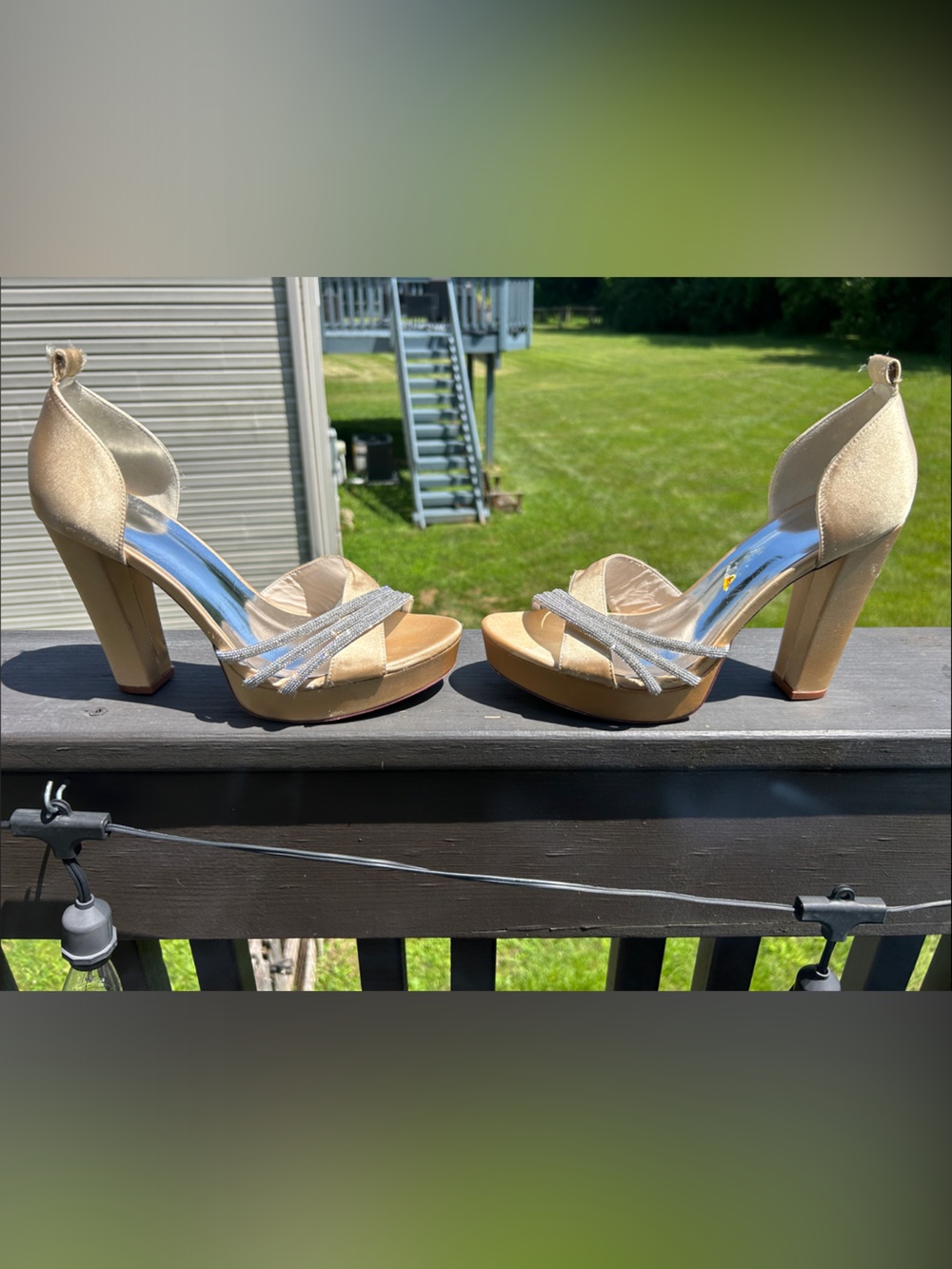 Champagne Gold Block Heel Sandals with Rhinestone Straps